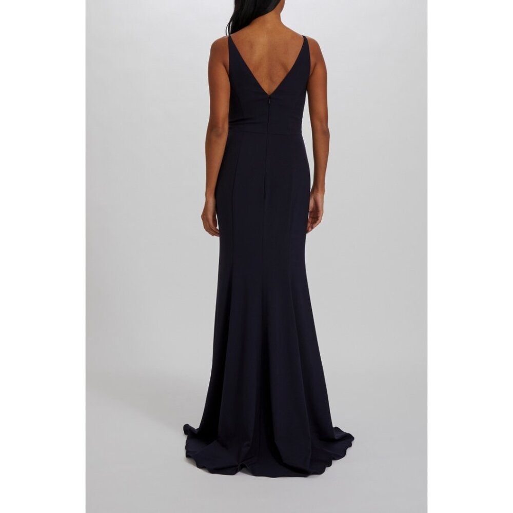 Modern Twist Front Navy Crepe Floor Length Formal Gown with slit Amsale Dallas - Picture 5 of 11